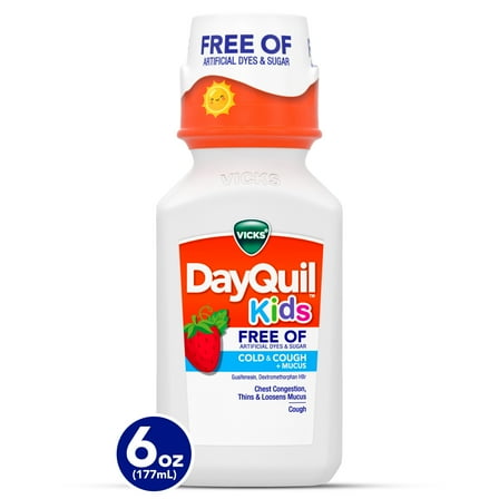 Vicks DayQuil Kids Cold Cough Syrup, Childrens Cold Medicine, No Artificial Dyes, Strawberry, 6 Fl oz