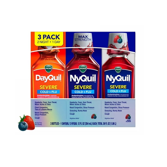 Vicks DayQuil & NyQuil SEVERE Cold & Flu Relief Liquid, Original (12 fl oz, 3pk)