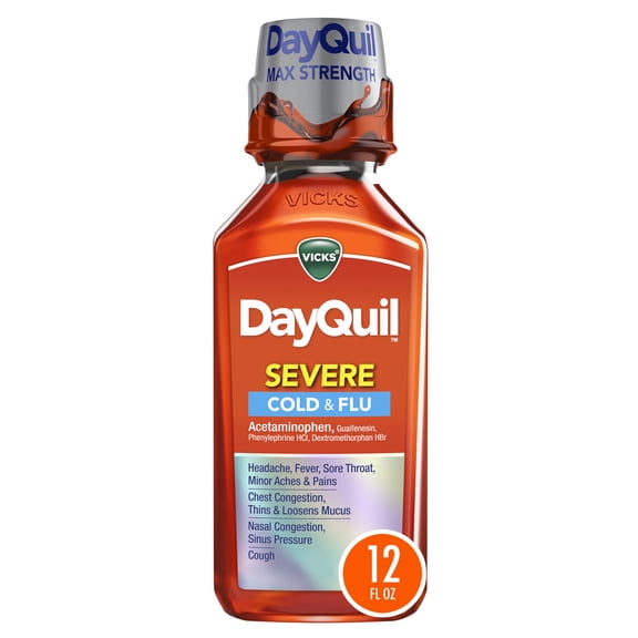 Vicks DayQuil SEVERE Cold & Flu Liquid, Cold and Flu Medicine for Adults, Citrus, 12 fl oz