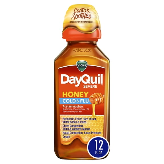 Vicks DayQuil Severe Cold and Flu Liquid, Cold and Flu Medicine for Adults, Honey, 12 Fl oz