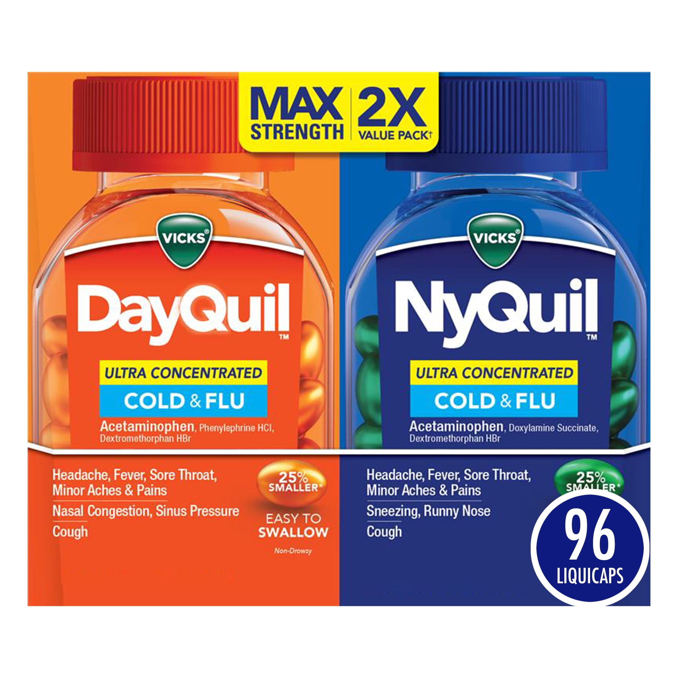 Vicks DayQuil & NyQuil Cold and Flu Ultra Concentrated Liquicaps, Cold Medicine, 96 Count