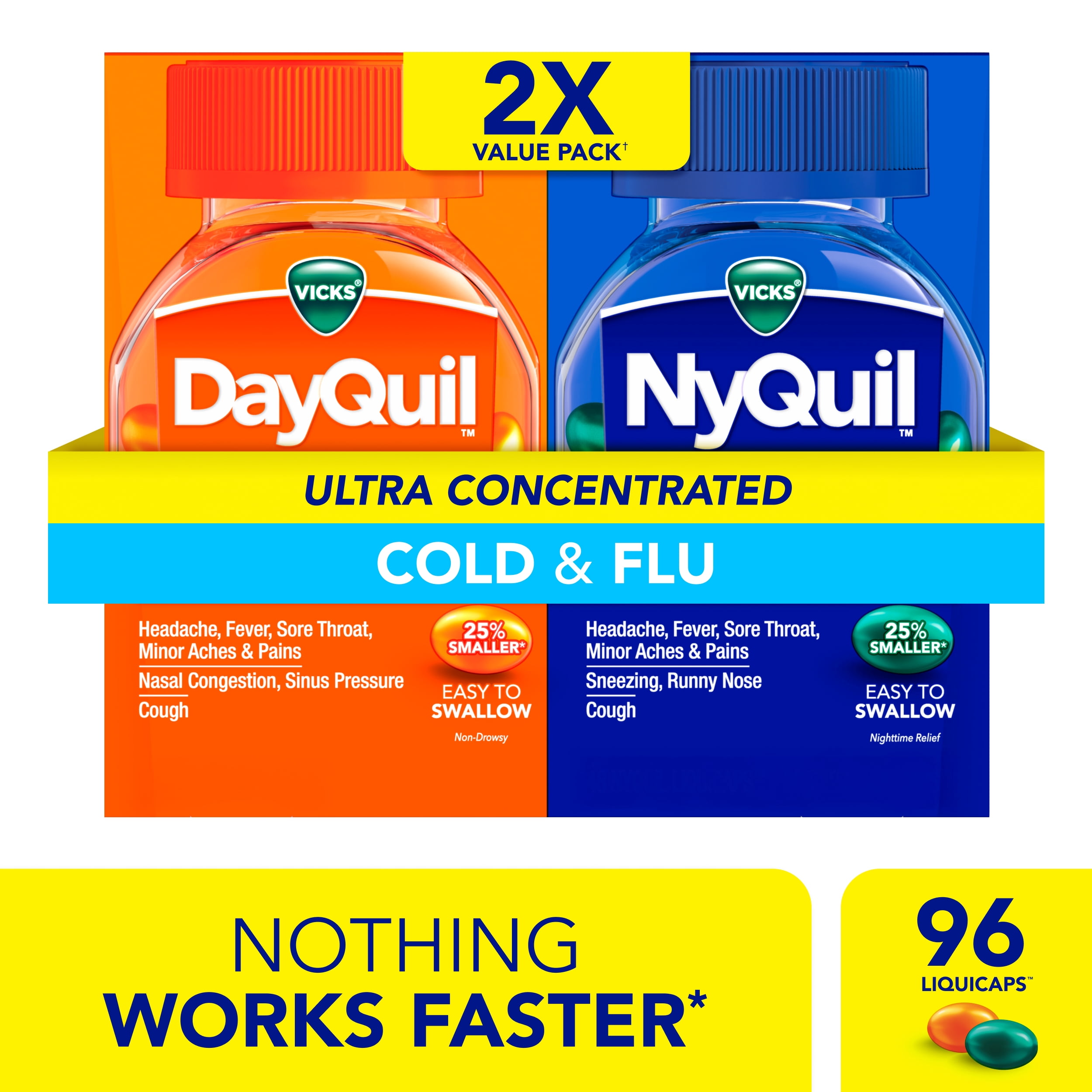 Vicks DayQuil & NyQuil Cold and Flu Ultra Concentrated Liquicaps, Cold Medicine, 96 Count