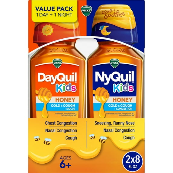 Vicks DayQuil and NyQuil Kids Cold and Cough Liquid, Cold Medicine for Children, Honey, 2x8 Fl oz