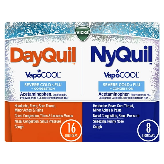 Vicks DayQuil and NyQuil Severe Cold and Flu Caplets, Cold Medicine for Adults, VapoCool, 24 Count