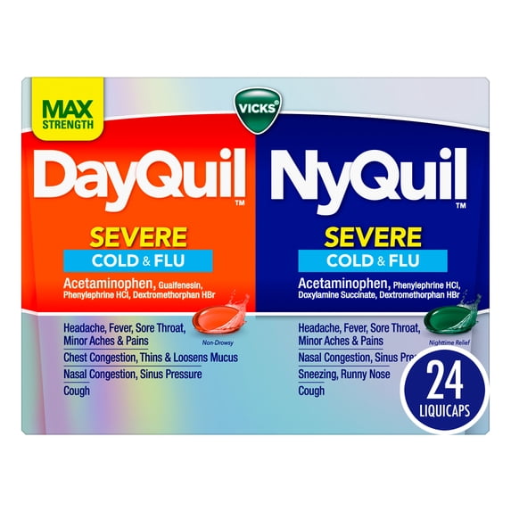 Vicks DayQuil & NyQuil SEVERE Cold & Flu LiquiCap Medicine, 24 count
