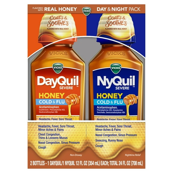 Vicks DayQuil and NyQuil Severe Cold and Flu Liquid, Cold Medicine for Adults, Honey, 2x12 Fl oz