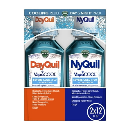 Vicks DayQuil and NyQuil Severe Cold and Flu Liquid, Cold Medicine for Adults, VapoCool 2x12 Fl oz
