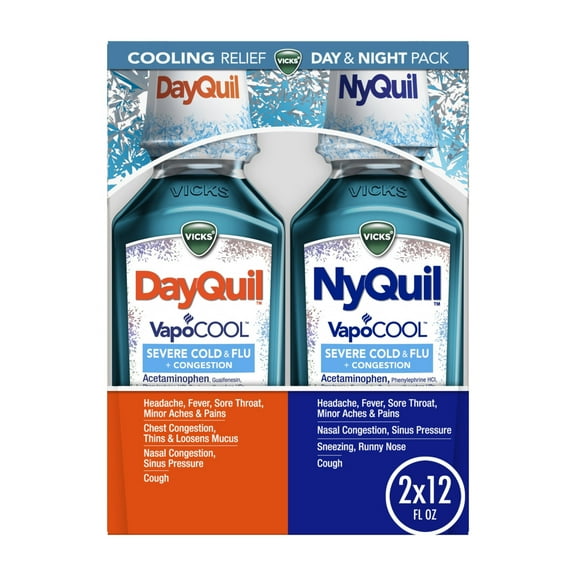 Vicks DayQuil and NyQuil Severe Cold and Flu Liquid, Cold Medicine for Adults, VapoCool 2x12 Fl oz