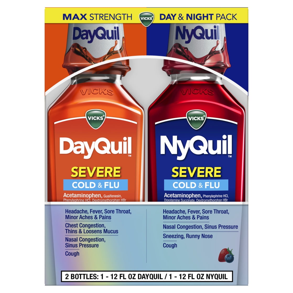 Vicks DayQuil and NyQuil Severe Cold and Flu Liquid, Cold and Flu Medicine for Adults, 2x12 Fl oz