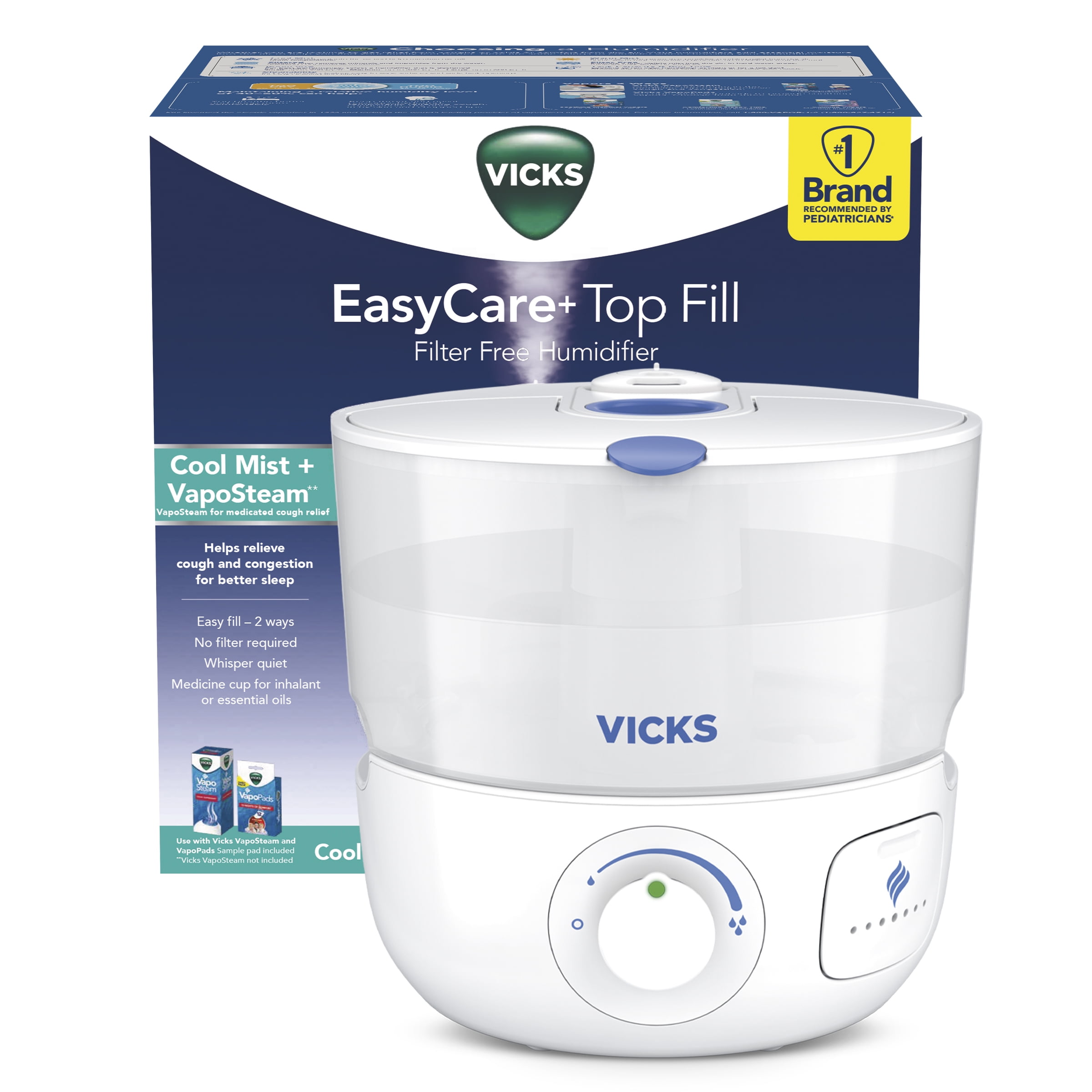 Vicks EasyCare + Top Fill Ultrasonic Cool Mist Humidifier, 400 sq ft, White, VUL585