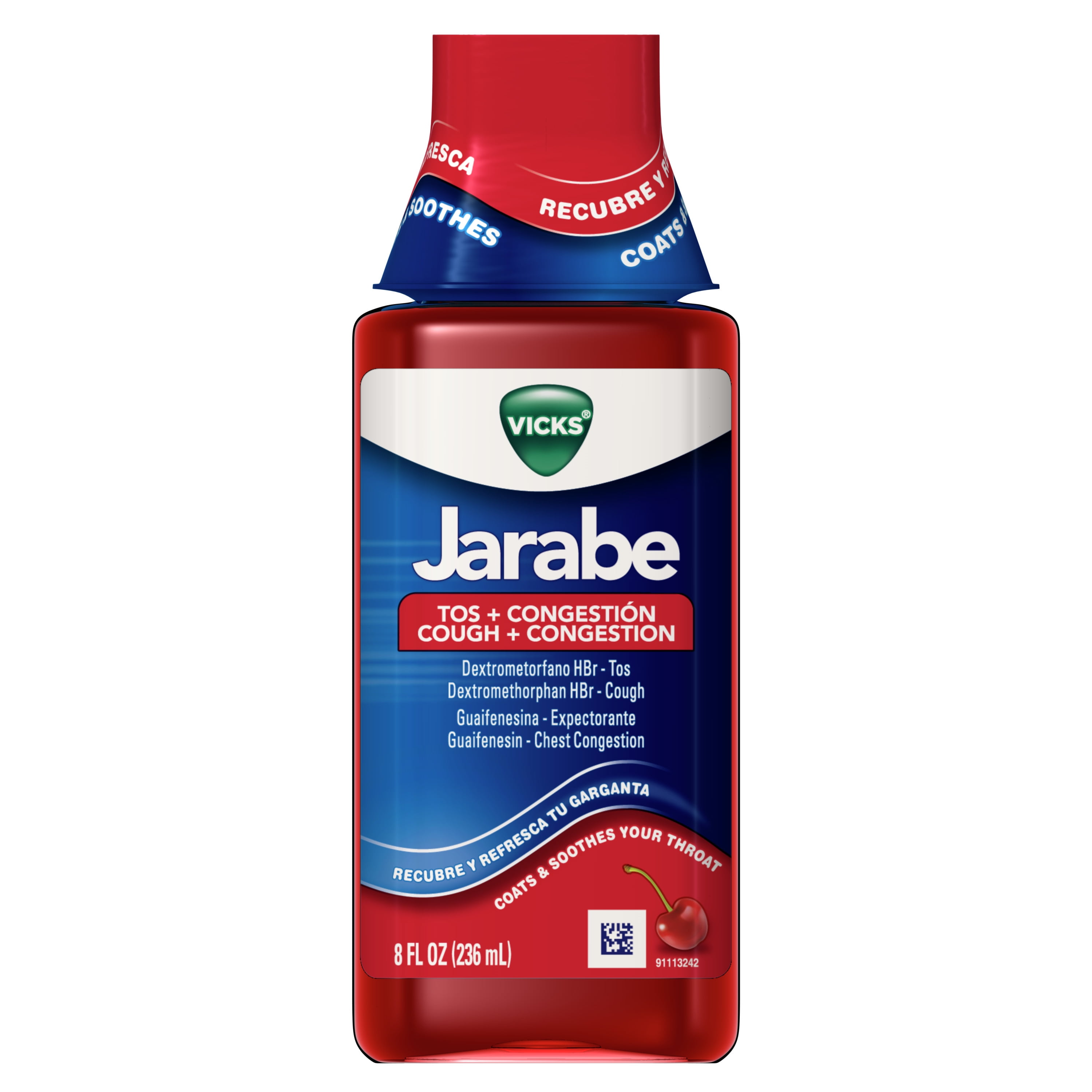 Vicks Jarabe Cough and Congestion Cold Liquid over-the-Counter Medicine,  Cherry Flavor, 8 fl oz 