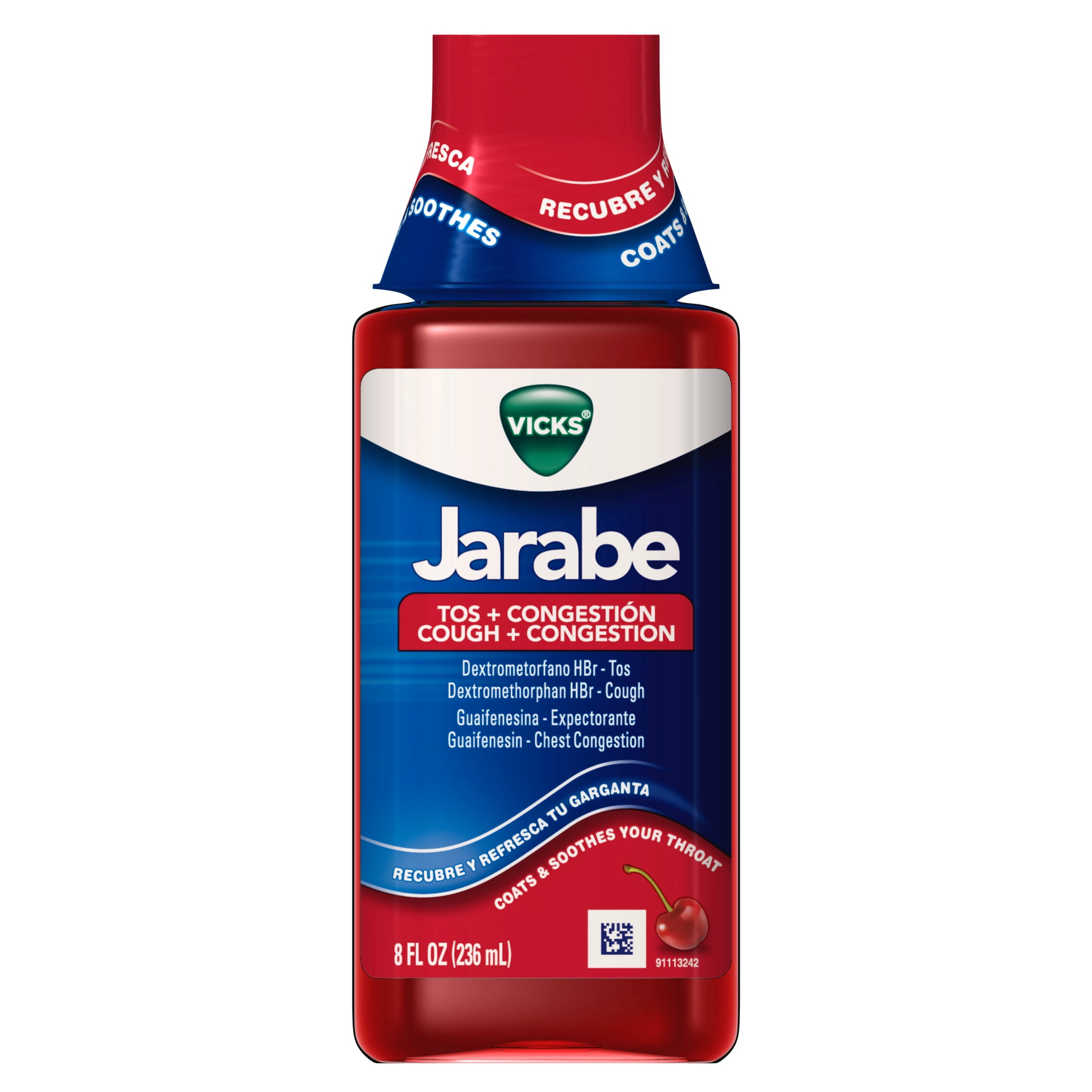Vicks Jarabe Cough and Congestion Cold Liquid over-the-Counter Medicine, Cherry Flavor, 8 fl oz