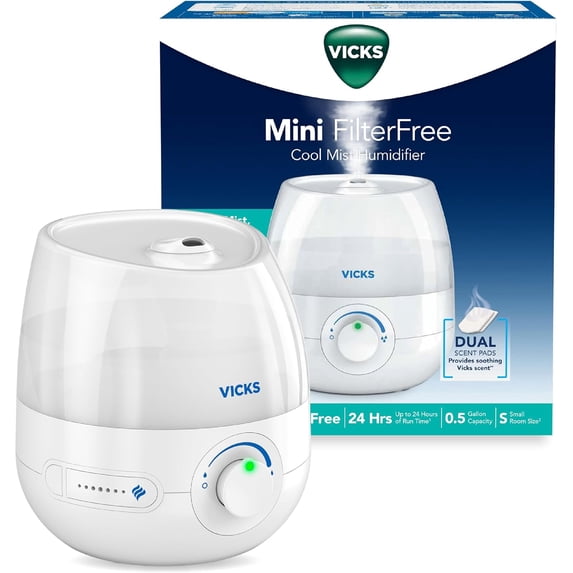 Vicks Mini Filter Free Cool Mist Humidifier, Small Room – Variable Mist Control – Works with Vicks VapoPads