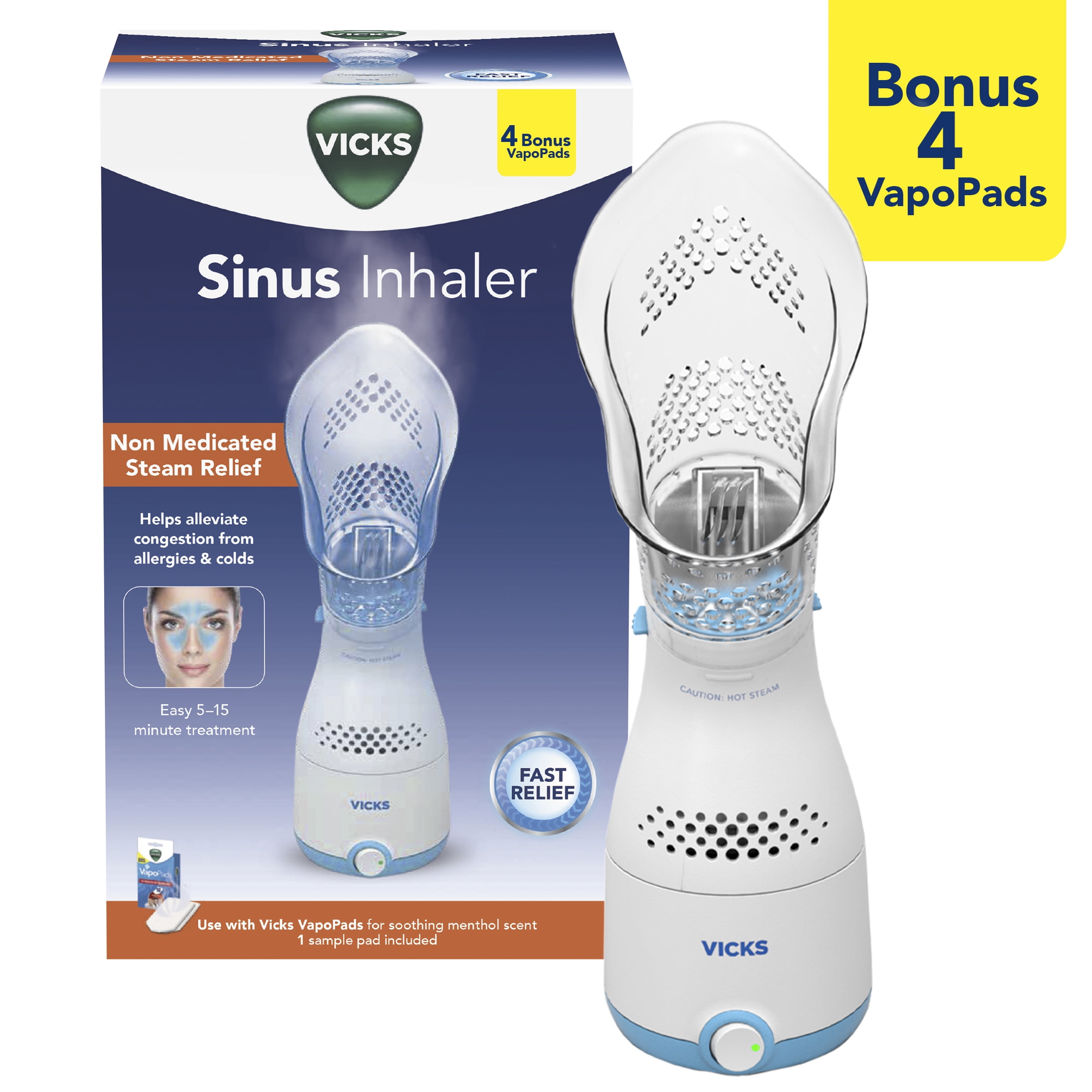 Vicks Non Medicated Steam Sinus Inhaler with 4 Bonus VapoPads, for