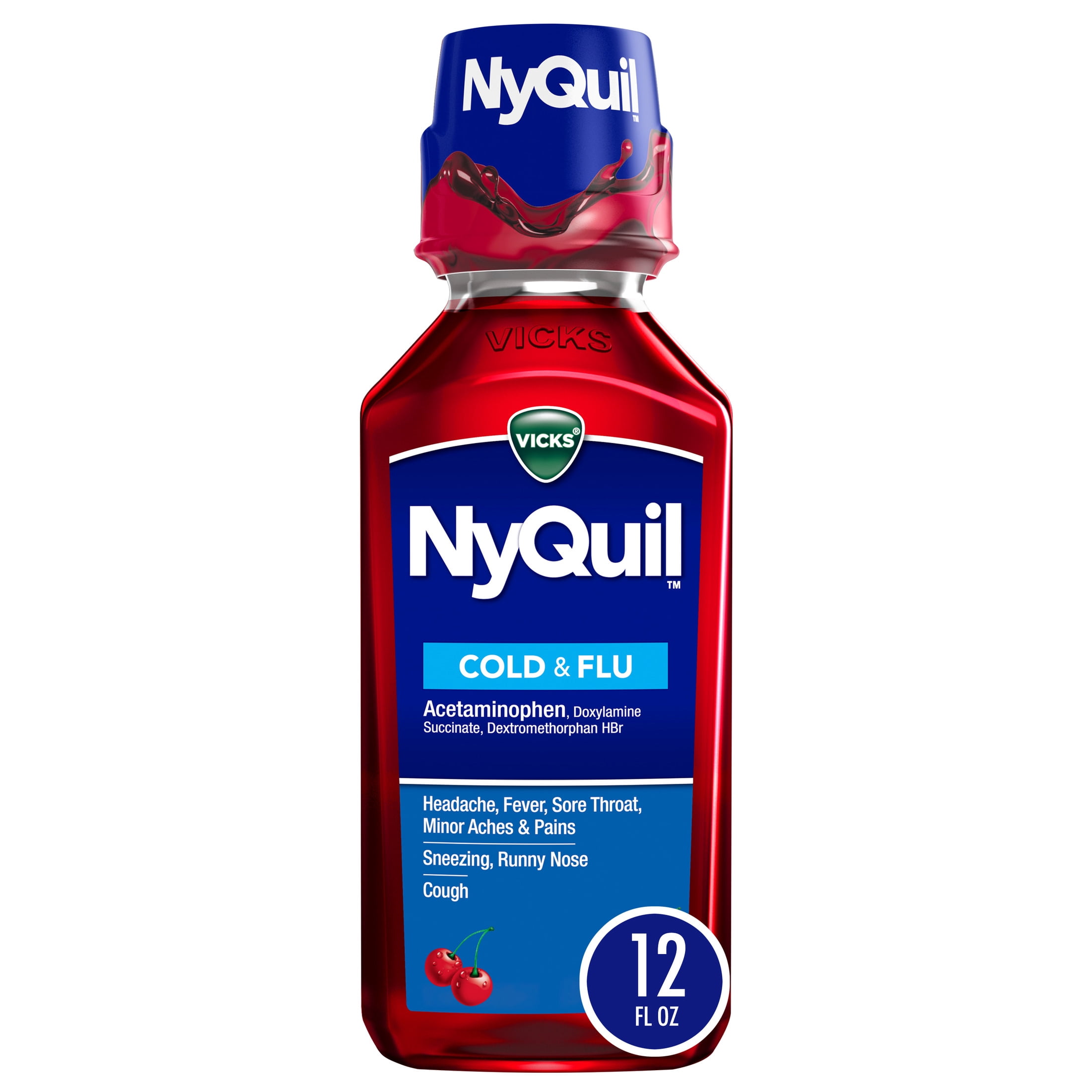 Vicks NyQuil Cold & Flu Liquid, Nighttime Cold and Flu Medicine, Cherry, 12 fl oz