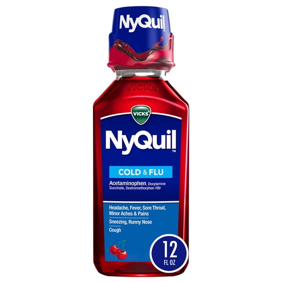 Vicks NyQuil Cold & Flu Liquid, Nighttime Cold and Flu Medicine, Cherry, 12 fl oz