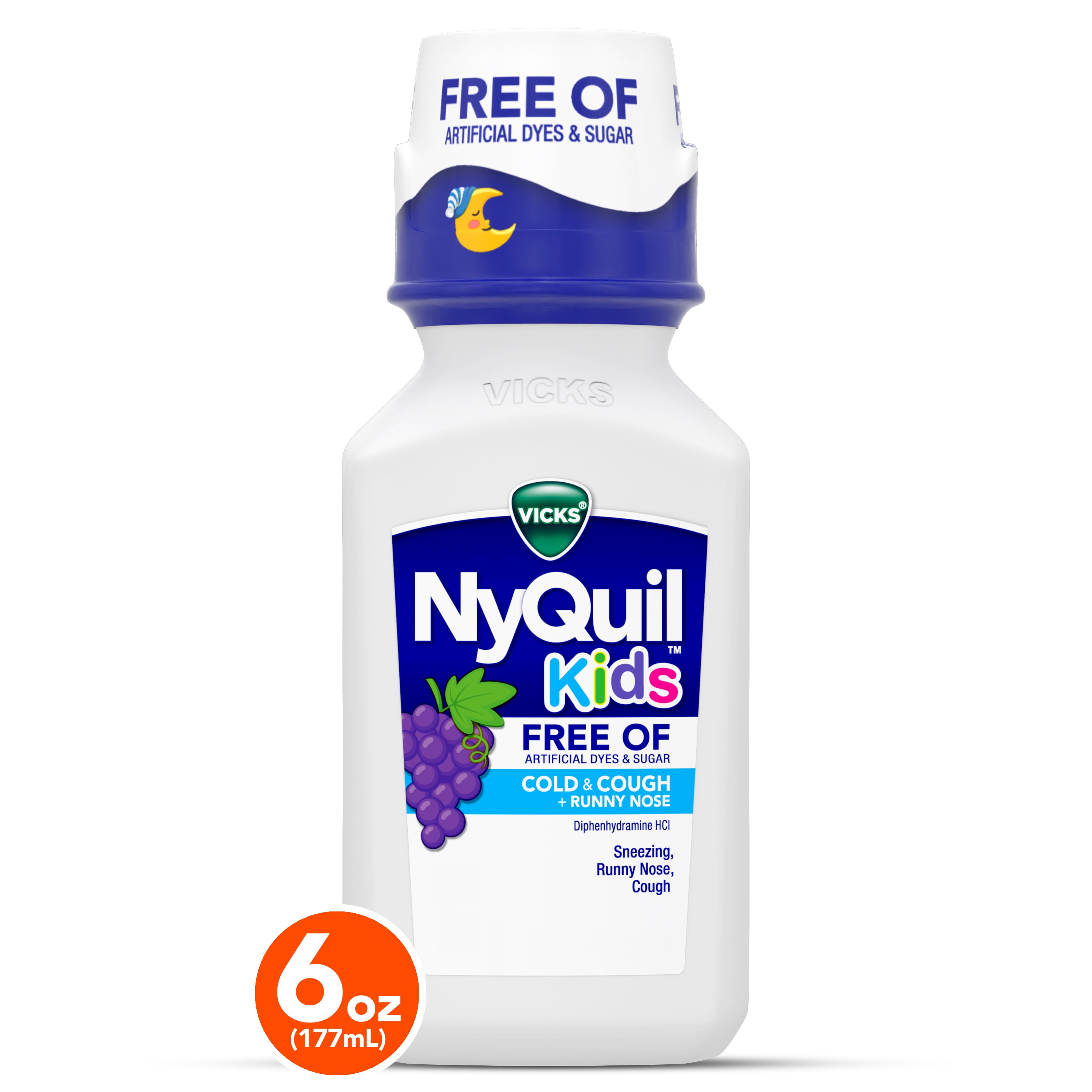 Vicks NyQuil Kids Cold + Cough Syrup, Childrens Cold Medicine, No Artificial Dyes, Grape, 6 Fl oz