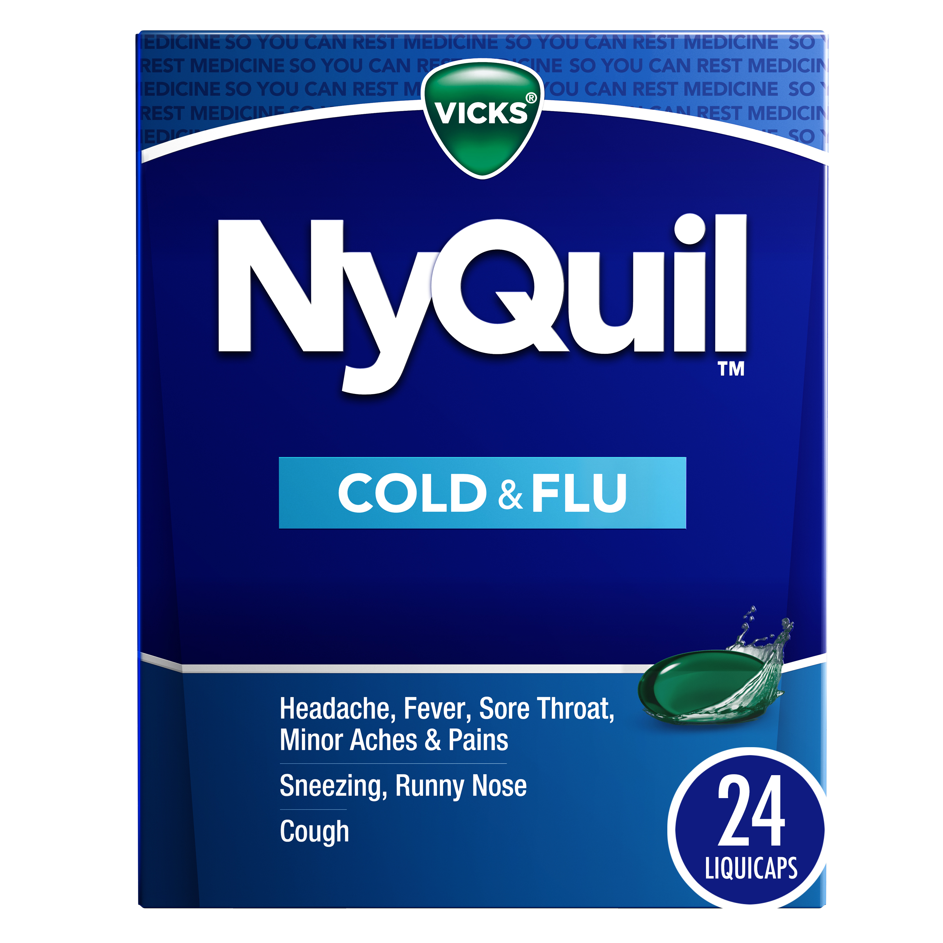 Vicks NyQuil Liquicaps, Nighttime Cold, Cough & Flu Medicine, Over-the-Counter Medicine, 24 Ct - image 1 of 8