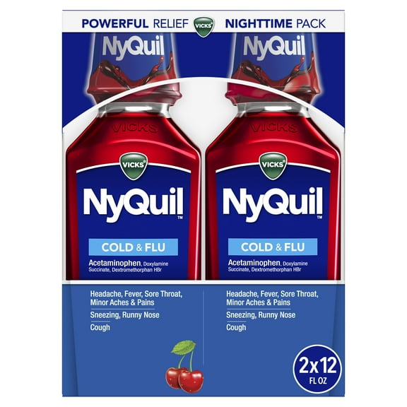 Vicks NyQuil Nighttime Cold, Cough & Flu Liquid Medicine, Over-the-Counter Medicine, Cherry, 2x12 Oz