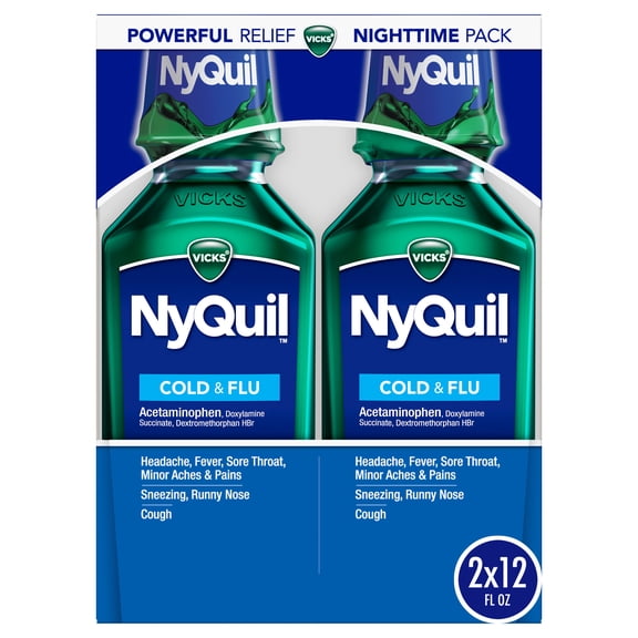 Vicks NyQuil Nighttime Cold & Flu Medicine, Twin Pack, 2 x 12 fl oz