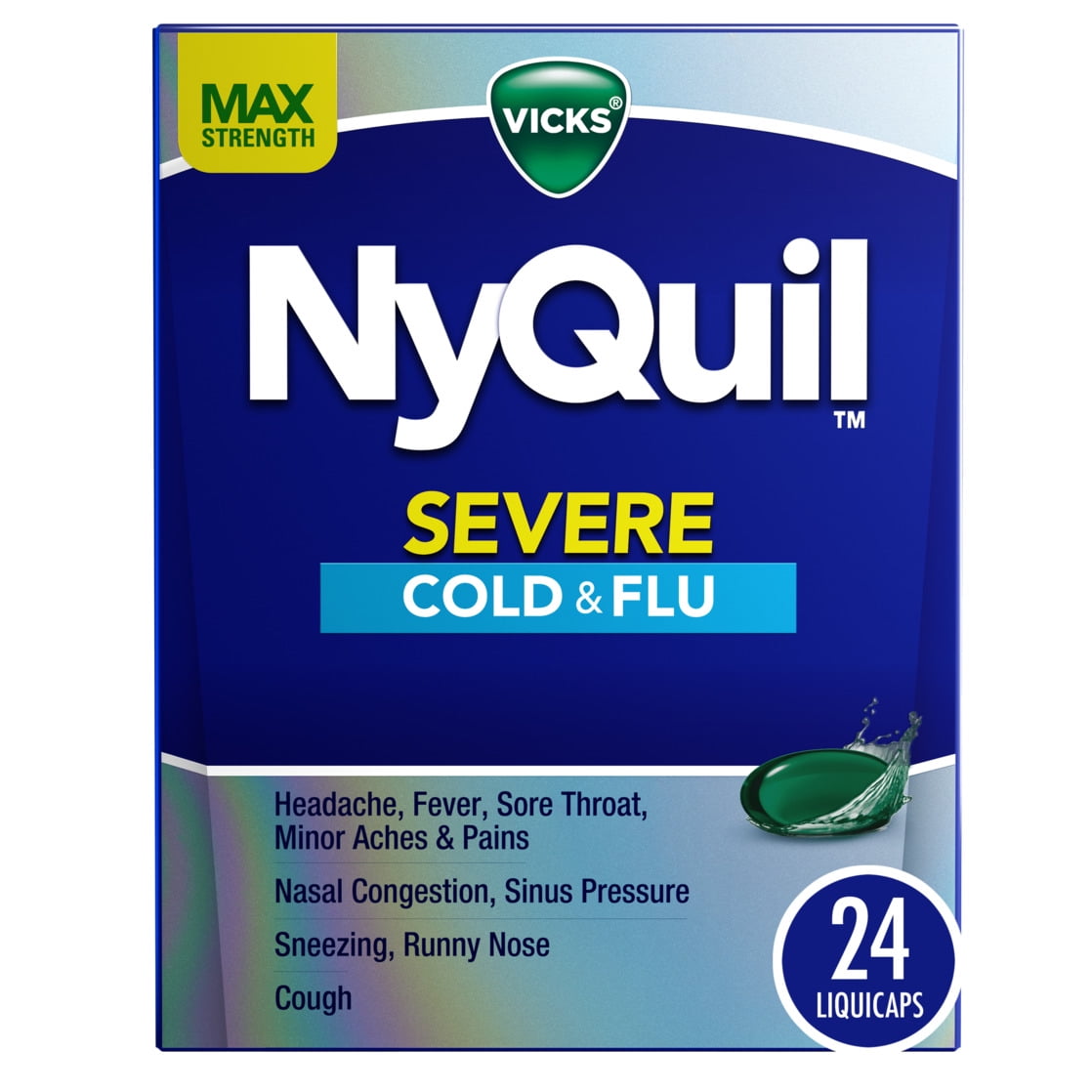 Vicks NyQuil Severe Cold and Flu Liquicaps, Nighttime Cold and Flu Medicine for Adults, 24 Count