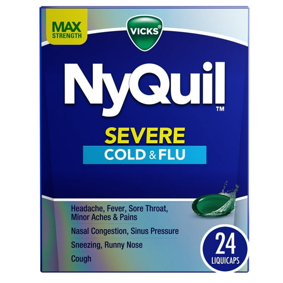 Vicks NyQuil Severe Cold and Flu Liquicaps, Nighttime Cold and Flu Medicine for Adults, 24 Count