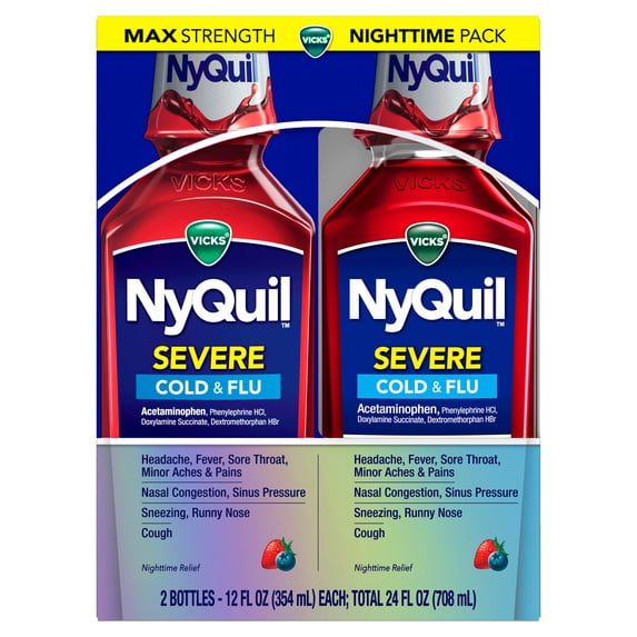 Vicks NyQuil SEVERE Cold & Flu Liquid, Nighttime Cold and Flu Medicine, Berry, 2x12 fl oz