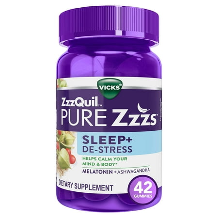 Vicks PURE Zzzs De-Stress Melatonin Sleep Aid Gummies, Dietary Supplement, 1mg per Gummy, 42 Ct