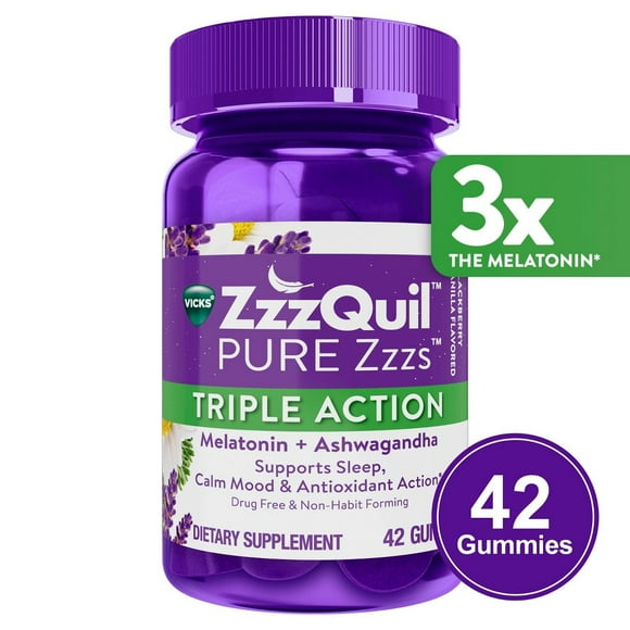 Vicks PURE Zzzs Triple Action Gummy Melatonin Sleep-Aid with Ashwagandha, 6mg per Serving by ZzzQuil, 42 Gummies (Pack of 2)