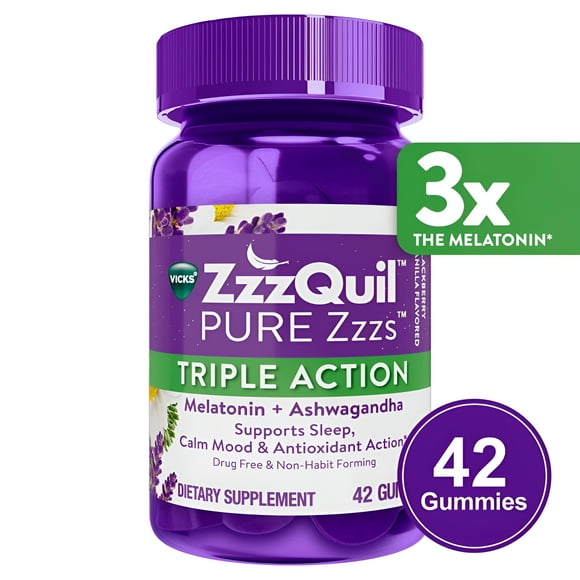 Vicks PURE Zzzs Triple Action Gummy Melatonin Sleep-Aid with Ashwagandha, 6mg per Serving by ZzzQuil, 42 Gummies (Pack of 3)
