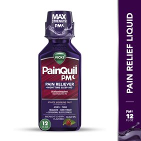 Vicks PainQuil Pain Relief Acetaminophen 1000mg Max Strength Adult Pain Reliever Liquid 12oz, Backache Headache Relief, 1 Nighttime Pain Reliever + Sleep Aid