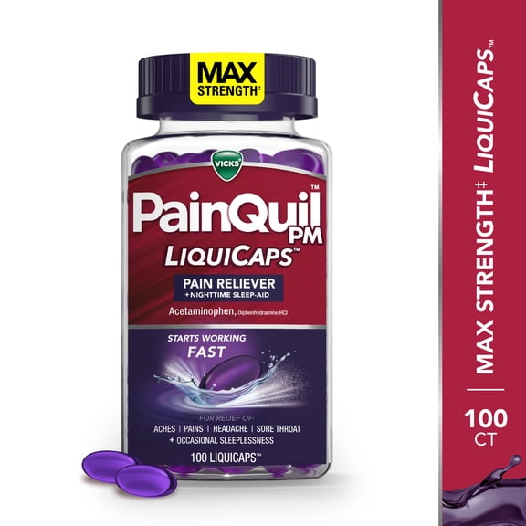 Vicks PainQuil PM Max Strength Pain Relief + Sleep Aid LiquiCaps, 100 count