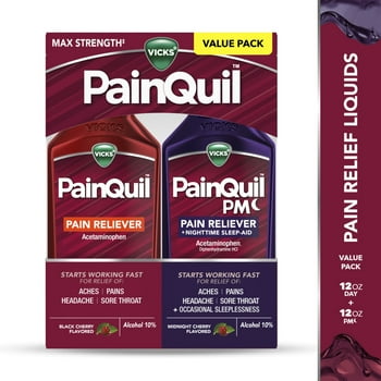 Vicks PainQuil Pain Relief Acetaminophen 1000mg Max Strength Adult Pain Reliever Liquid 2x12oz, Backache Headache Relief, 1 Daytime Pain Reliever x 1 Nighttime Pain Relief + Sleep Aid