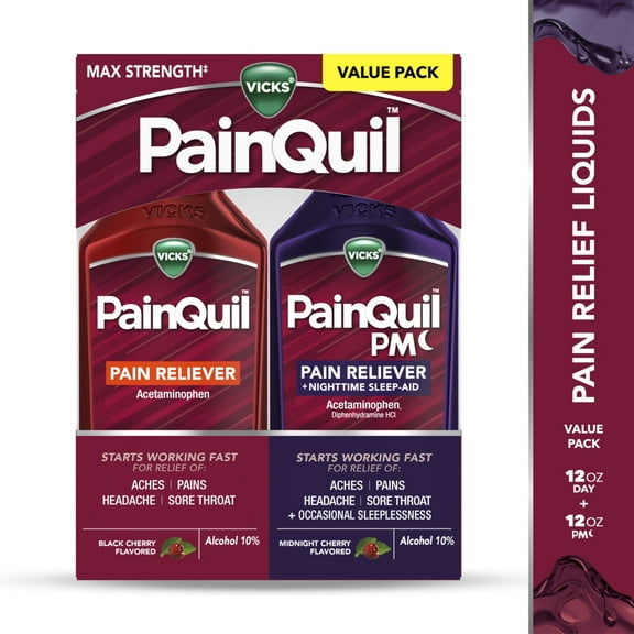 Vicks PainQuil Pain Relief Acetaminophen 1000mg Max Strength Adult Pain Reliever Liquid 2x12oz, Backache Headache Relief, 1 Daytime Pain Reliever x 1 Nighttime Pain Relief + Sleep Aid