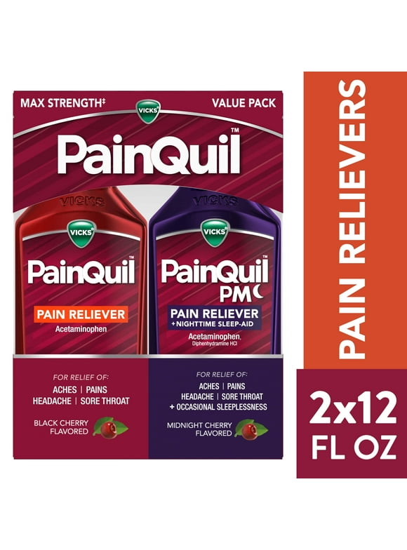 Vicks PainQuil Pain Relief and Nighttime Sleep Aid Liquids, Acetaminophen Pain Reliever, 2x12 Fl oz