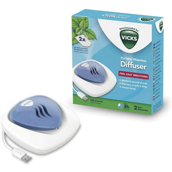 Vicks Portable Waterless Diffuser, 200g, Oil Diffuser with 2 Menthol Scented VapoPads
