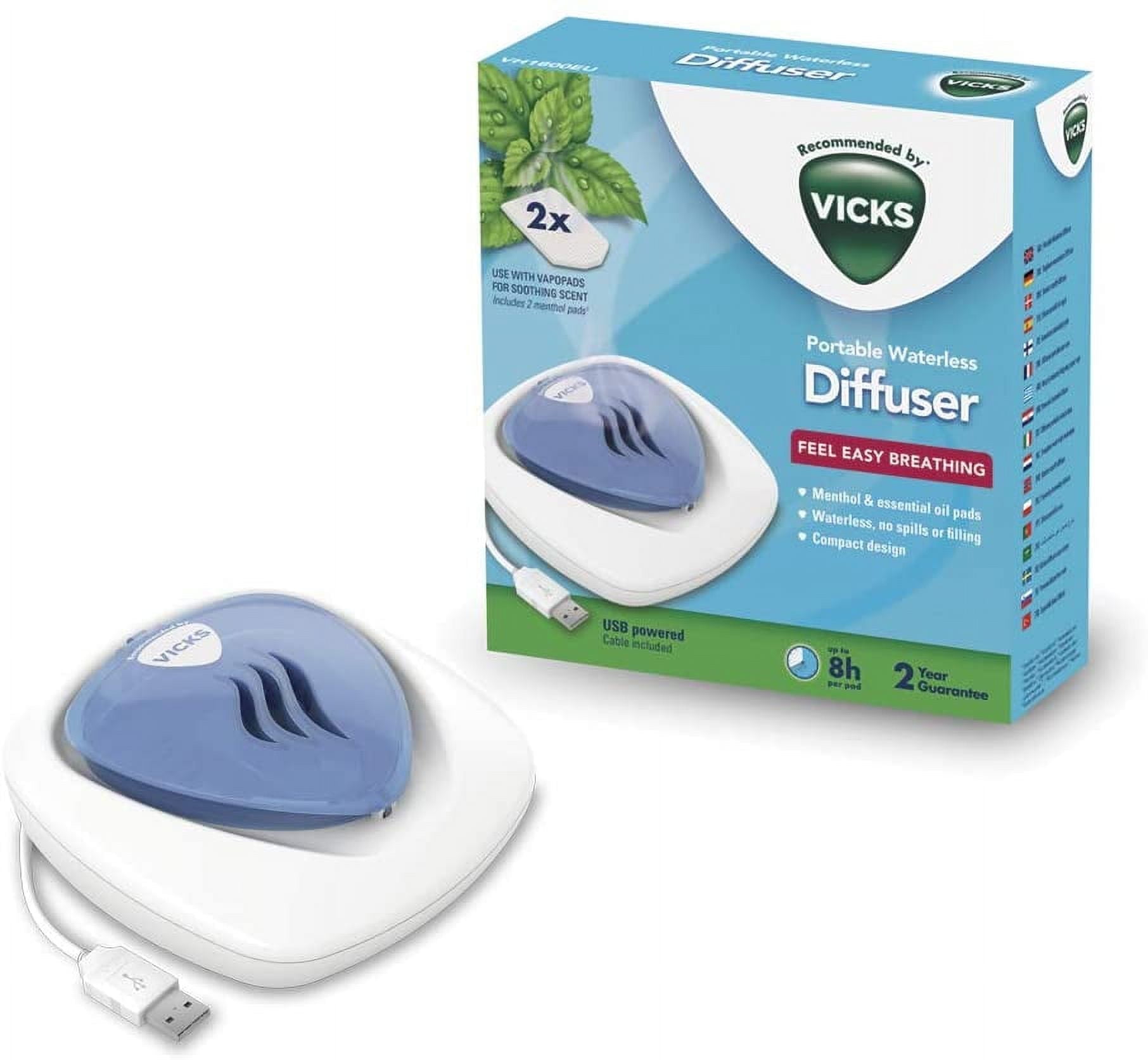 Vicks Portable Waterless Diffuser, 200g, Oil Diffuser with 2 Menthol Scented VapoPads