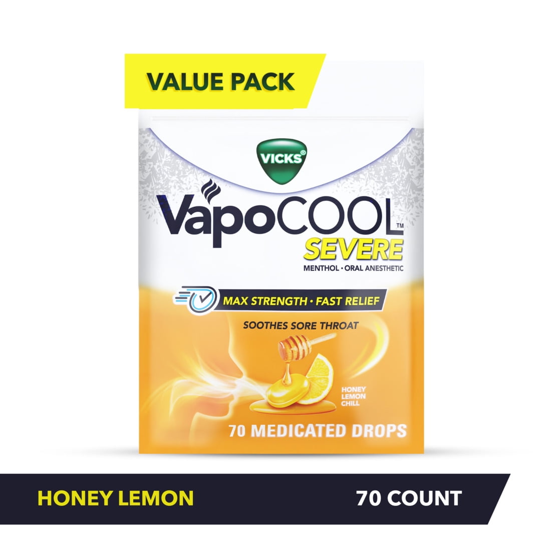 Vicks VapoCOOL SEVERE Max Strength* Menthol Cough Drop Alternative/Sore Throat Lozenge for Sore Throat Relief, Honey Lemon, 70ct