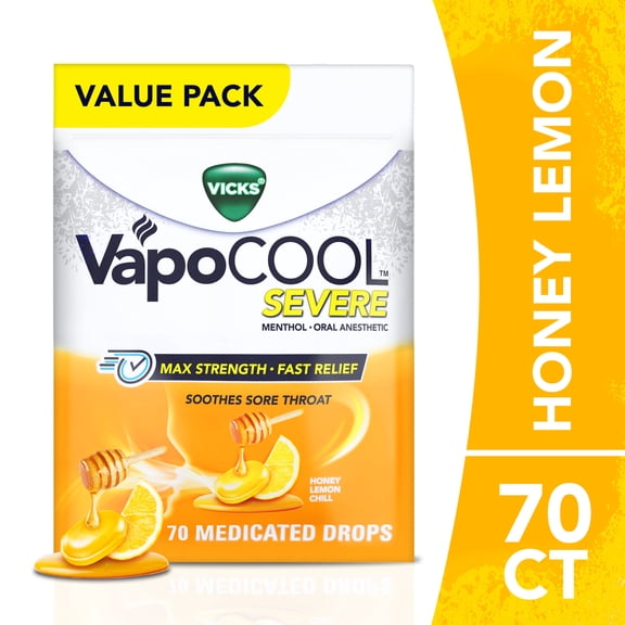 Vicks VapoCOOL Severe Menthol Sore Throat Drops, Honey Lemon Flavor, 70 Count