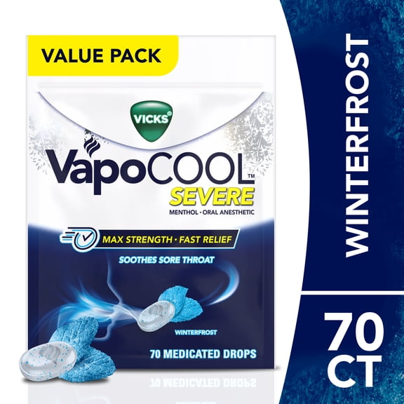 Vicks VapoCOOL Severe Medicated Sore Throat Drops, Menthol, Winterfrost Flavor, 70 Count