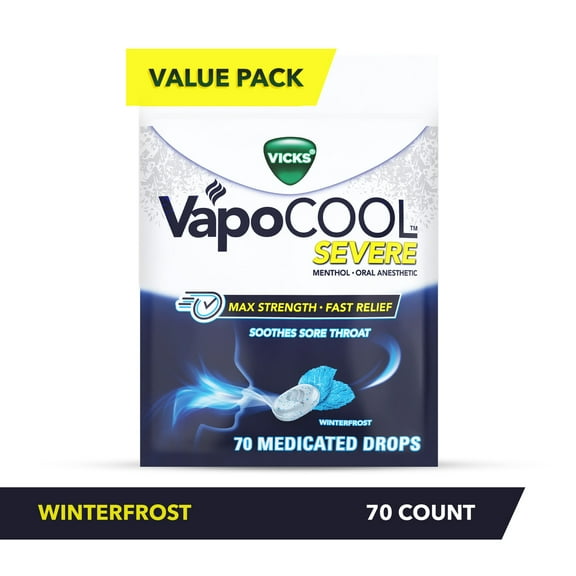 Vicks Vapocool Severe Medicated Sore Throat Drops, Menthol, Value Pack, Winterfrost Flavor, 70 Count