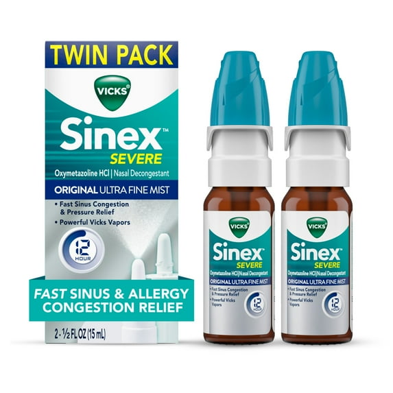 Vicks Sinex Severe Nasal Spray, Original Ultra Fine Mist, Decongestant Medicine, Sinus Relief, 265 Sprays, 2 Ct