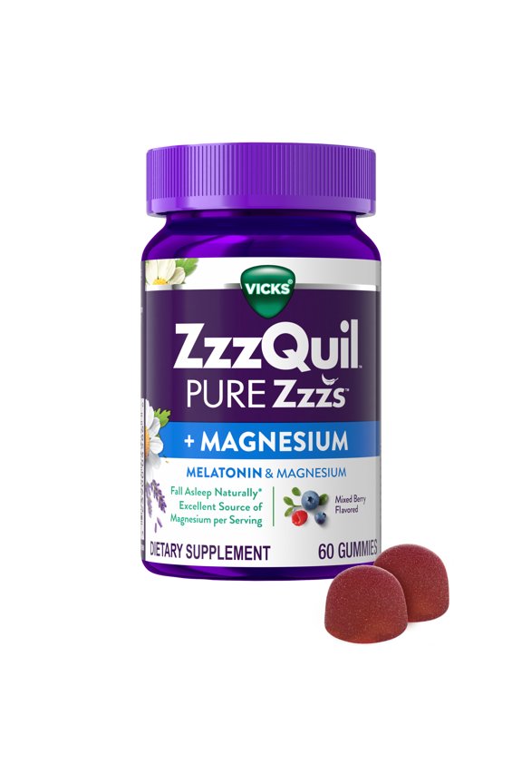 PURE Zzzs Melatonin + Magnesium Sleep Aid Gummies, 2mg, Mixed Berry, 60 Count