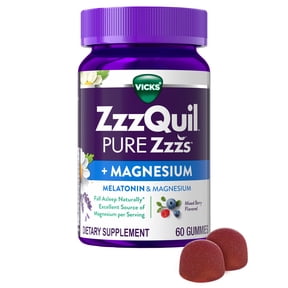 ZzzQuil PURE Zzzs Melatonin + Magnesium Sleep Aid Gummies, 2mg, Mixed Berry, 60 Count