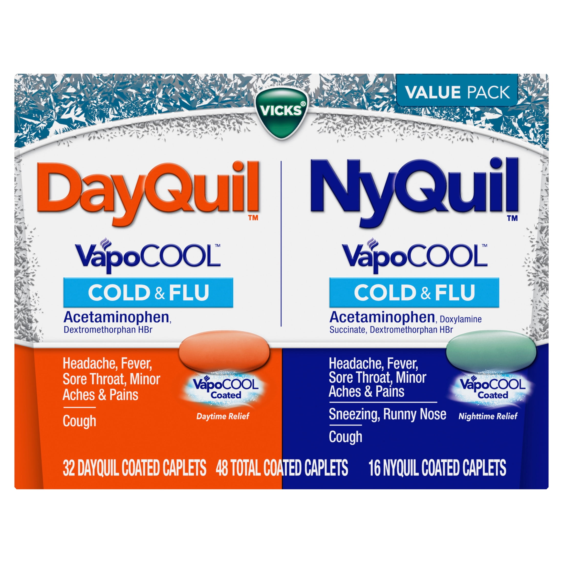 Vicks DayQuil and NyQuil VapoCOOL Cold &amp; Flu Caplets, Cold Medicine for  Adult, 48 Count