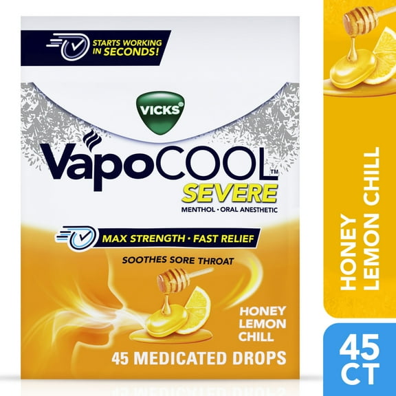 Vicks VapoCool Severe Medicated Sore Throat Drops, Menthol, Honey Lemon, 45ct