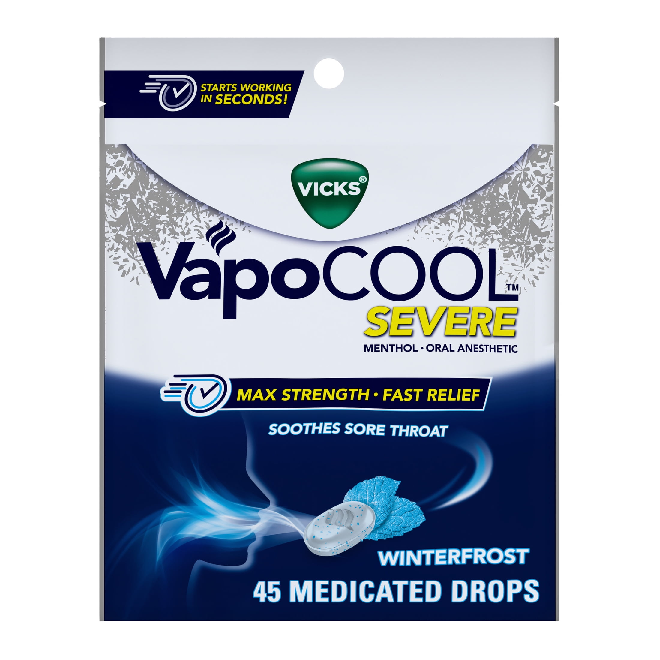Vicks Vapocool Severe Medicated Sore Throat Drops, Menthol, Winterfrost Flavor, 45 Ct