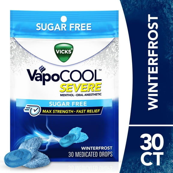 Vicks VapoCOOL SEVERE Max Strength* Menthol Cough Drop Alternative/Sore Throat Lozenge for Sore Throat Relief, Sugar Free Winterfrost, 30ct