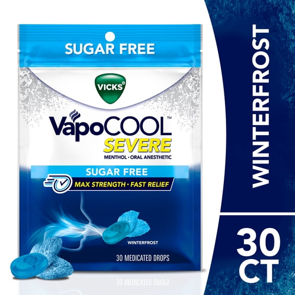 Vicks VapoCOOL SEVERE Cough Drop Alternative for Sore Throat Pain, Sugar Free Winterfrost, 30ct