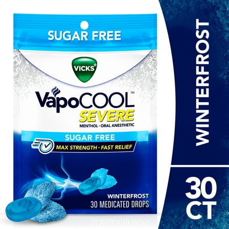 Vicks VapoCOOL SEVERE Cough Drop Alternative for Sore Throat Pain, Sugar Free Winterfrost, 30ct